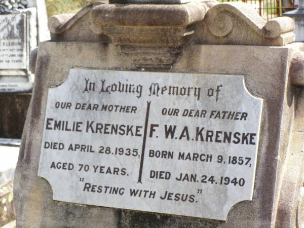 Emilie KRENSKE, mother,  | died 28 April1935 aged 70 years;  | F.W.A. KRENSKE, father,  | born 9 March 1857 died 24 Jan 1940;  | Ropeley Immanuel Lutheran cemetery, Gatton Shire  | 