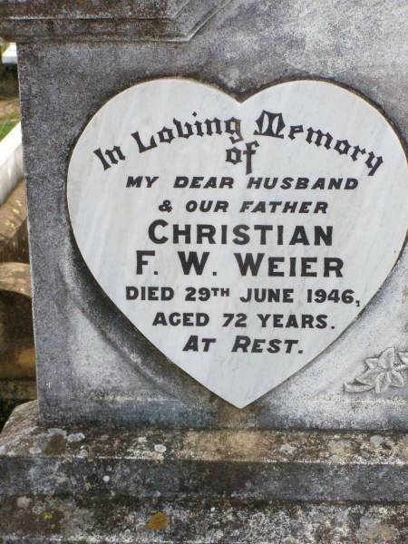 Christian F.W. WEIER, husband father,  | died 29 June 1946 aged 72 years;  | Louise J.P. WEIER, nee ROSENBLATT, mother,  | died 15-3-1963 aged 82 years;  | Ropeley Immanuel Lutheran cemetery, Gatton Shire  | 