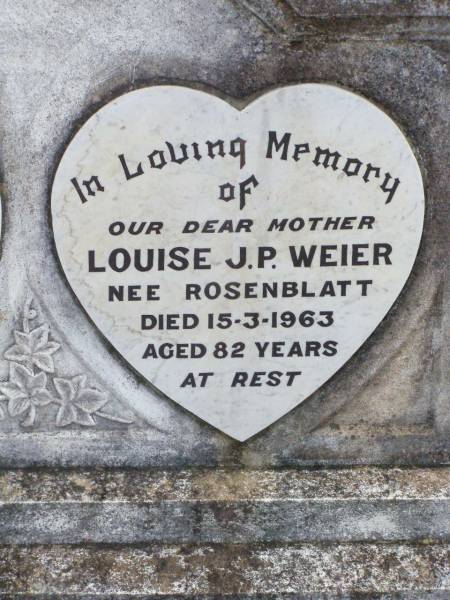 Christian F.W. WEIER, husband father,  | died 29 June 1946 aged 72 years;  | Louise J.P. WEIER, nee ROSENBLATT, mother,  | died 15-3-1963 aged 82 years;  | Ropeley Immanuel Lutheran cemetery, Gatton Shire  | 