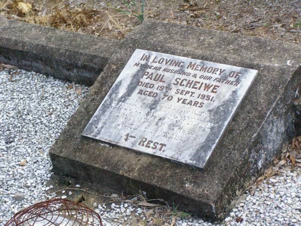 Paul SCHEIWE, husband father,  | died 19 Sept 1951 aged 70 years;  | Freda M.M. SCHEIWE, mother,  | died 11 July 1963 aged 78 years;  | Ropeley Immanuel Lutheran cemetery, Gatton Shire  | 