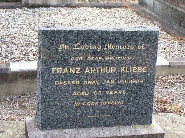Franz Arthur KLIBBE (John), brother,  | died 29 Jan 1964 aged 63 years;  | Ropeley Immanuel Lutheran cemetery, Gatton Shire  | 