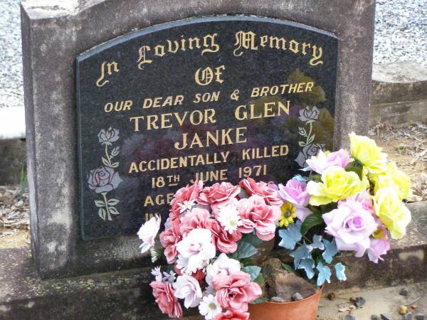 Trevor Glen JANKE, son brother,  | accidentally killed 18 June 1971 aged 21 years;  | Ropeley Immanuel Lutheran cemetery, Gatton Shire  | 