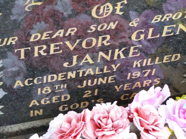 Trevor Glen JANKE, son brother,  | accidentally killed 18 June 1971 aged 21 years;  | Ropeley Immanuel Lutheran cemetery, Gatton Shire  | 