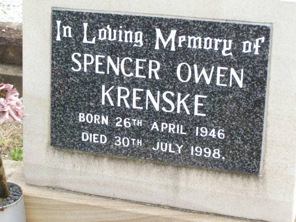 Spencer Owen KRENSKE,  | born 26 April 1946 died 30 July 1998;  | Ropeley Immanuel Lutheran cemetery, Gatton Shire  | 
