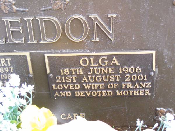 Franz Albert KLEIDON, husband father,  | 14 Oct 1897 - 27 July 1988;  | Olga KLEIDON, wife of Franz, mother,  | 18 June 1906 - 21 Aug 2001;  | Ropeley Immanuel Lutheran cemetery, Gatton Shire  | 