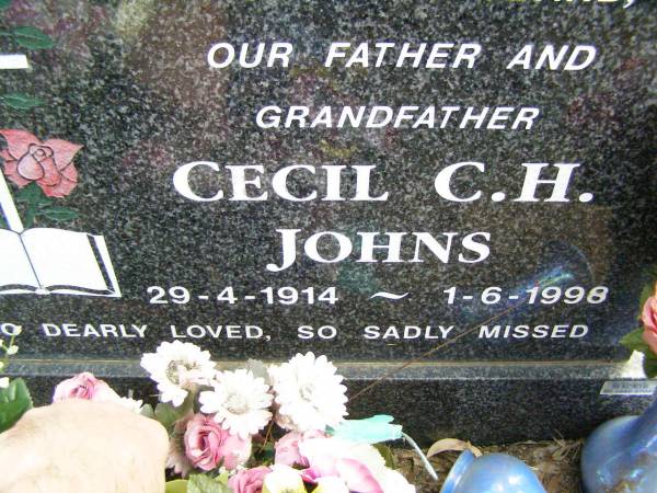 Cecil C.H. JOHNS,  | father grandfather,  | 29-4-1914 - 1-6-1998;  | Ropeley Immanuel Lutheran cemetery, Gatton Shire  | 