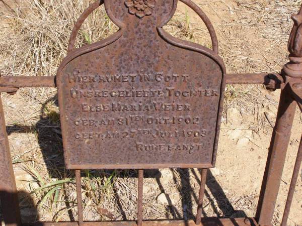 Else Maria WEIER, daughter,  | born 31 Oct 1902 died 27 July 1903;  | Ropeley Scandinavian Lutheran cemetery, Gatton Shire  | 