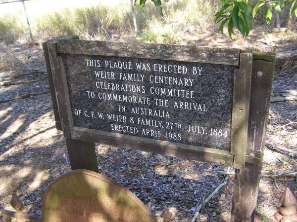 Christian Friedrich Wilhelm WEIER,  | born 24 Jan 1837 died 7 Aug 1902,  | arrived Australia 27 July 1884;  | Ropeley Scandinavian Lutheran cemetery, Gatton Shire  | 