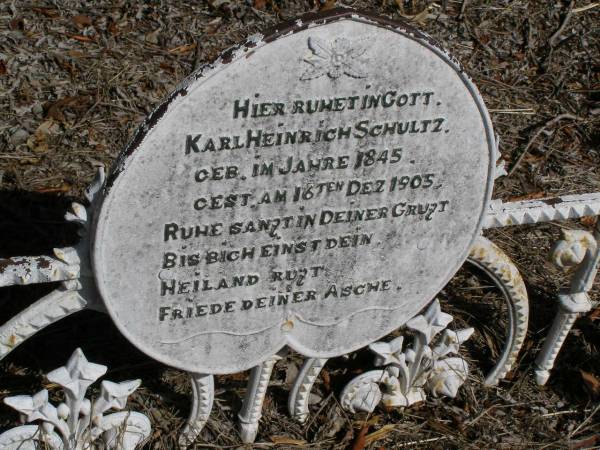 Karl Heinrich SCHULTZ,  | born 1845 died 15 Dec 1905;  | Ropeley Scandinavian Lutheran cemetery, Gatton Shire  | 