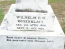 Wilhelm E.O. ROSENBLATT,
born 23 April 1850 died 6 Oct 1922;
Henriette Luise ROSENBLATT, nee OBST,
born 14 Oct 1841 died 11 Sept 1925;
Ropeley Immanuel Lutheran cemetery, Gatton Shire