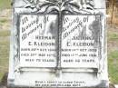 Herman E. KLEIDON,
born 20 Oct 1848 died 21 May 1928 aged 79 years;
Julianna E. KLEIDON,
born 14 Oct 1855 died 17 June 1941 aged 86 years;
Ropeley Immanuel Lutheran cemetery, Gatton Shire