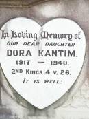 Dora KANTIM, daughter,
1917 - 1940;
Arnold KANTIM, son,
1920 - 1934;
Ropeley Immanuel Lutheran cemetery, Gatton Shire