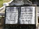 
Ida F.W. JANKE, wife mother,
died 21 April 1934 aged 72 years;
Carl F.W. JANKE, father,
died 17 Sept 1938 aged 80 years;
Ropeley Immanuel Lutheran cemetery, Gatton Shire
