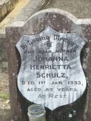 Johanna Henrietta SCHULZ, mother,
died 1 Jan 1953 aged 85 years;
Ropeley Immanuel Lutheran cemetery, Gatton Shire
