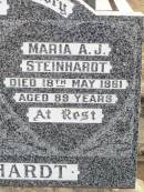 
August H. STEINHARDT,
died 17 July 1951 aged 84 years;
Maria A.J. STEINHARDT,
died 18 May 1961 aged 89 years;
August W. STEINHARDT,
died 10? August 1952 aged 63 years;
Ropeley Immanuel Lutheran cemetery, Gatton Shire
