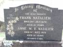 parents;
Frank NATALIER,
died 28 July 1970 aged 81 years;
Anne M.E. NATALIER,
died 11 Sept 1972 aged 81 years;
Ropeley Immanuel Lutheran cemetery, Gatton Shire