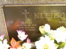Mavis KLEIDON,
born 22-10-1963 died 16-5-1991 aged 54 years;
Vincent Clarence KLEIDON,
born 13-3-1934 died 19-6-1991 aged 57 years;
Ropeley Immanuel Lutheran cemetery, Gatton Shire