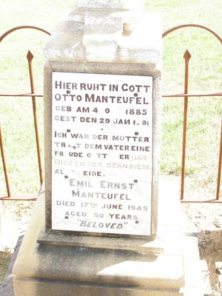Otto MANTEUFEL,  | born 4 Oct 1885 died 29 Jan 1901;  | Emil Ernst MANTEUFEL,  | died 17 June 1945 aged 50 years;  | Ropeley Immanuel Lutheran cemetery, Gatton Shire  | 
