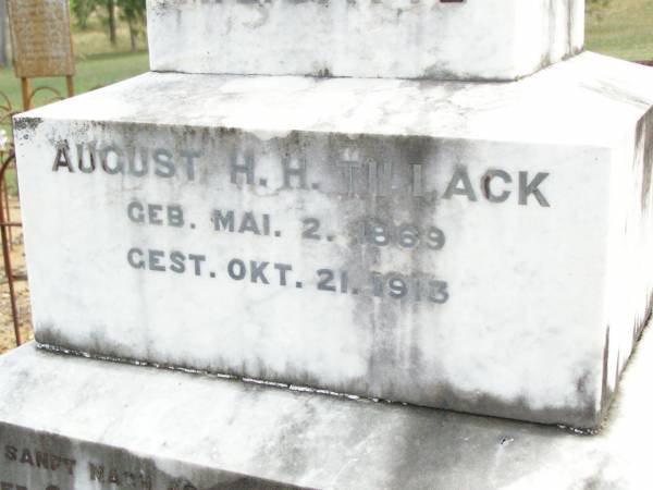 Ottilie Wilhelmine Albertine STEINHARDT, mother,  | died 6 April 1959 aged 78 years;  | Friederich K. STEINHARDT,  | husband father grandfather,  | died 19 Feb 1948 aged 78 years;  | August H.H. TILLACK, husband,  | born 2 May 1869 died 21 Oct 1913;  | Ropeley Immanuel Lutheran cemetery, Gatton Shire  | 