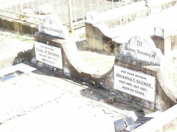 Carl H. SKERKE, father,  | died 26 Sept 1937 aged 79 years;  | Johanna C. SKERKE, mother,  | died 28 July 1947 aged 83 years;  | Ropeley Immanuel Lutheran cemetery, Gatton Shire  | 