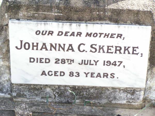 Carl H. SKERKE, father,  | died 26 Sept 1937 aged 79 years;  | Johanna C. SKERKE, mother,  | died 28 July 1947 aged 83 years;  | Ropeley Immanuel Lutheran cemetery, Gatton Shire  | 