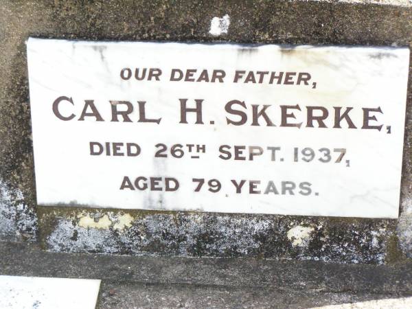 Carl H. SKERKE, father,  | died 26 Sept 1937 aged 79 years;  | Johanna C. SKERKE, mother,  | died 28 July 1947 aged 83 years;  | Ropeley Immanuel Lutheran cemetery, Gatton Shire  | 