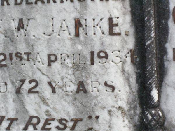 Ida F.W. JANKE, wife mother,  | died 21 April 1934 aged 72 years;  | Carl F.W. JANKE, father,  | died 17 Sept 1938 aged 80 years;  | Ropeley Immanuel Lutheran cemetery, Gatton Shire  | 