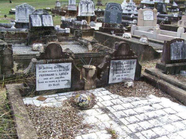 Ferdinand L. LIESCH, husband father,  | died 19 Jan 1942 aged 83 years 10 months;  | Johanna A. LIESCH, mother,  | died 12 June 1950 aged 90 years;  | Ropeley Immanuel Lutheran cemetery, Gatton Shire  | 