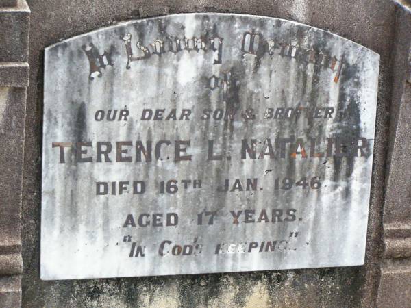 Terence (Terry) L. NATALIER, son brother,  | died 16 Jan 1946 aged 17 years;  | Ropeley Immanuel Lutheran cemetery, Gatton Shire  | 