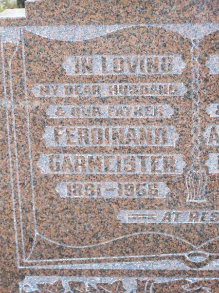 Ferdinand GARMEISTER, husband father,  | d1891 - 1956;  | Auguste Louise GARMEISTER, wife,  | 1894 - 1959;  | Ropeley Immanuel Lutheran cemetery, Gatton Shire  | 