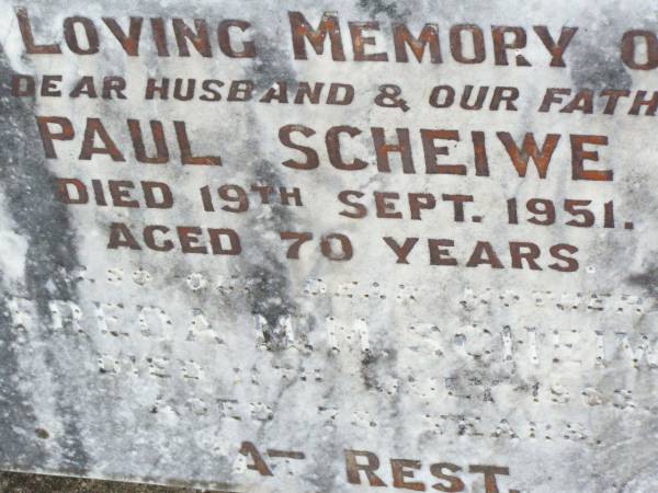 Paul SCHEIWE, husband father,  | died 19 Sept 1951 aged 70 years;  | Freda M.M. SCHEIWE, mother,  | died 11 July 1963 aged 78 years;  | Ropeley Immanuel Lutheran cemetery, Gatton Shire  | 