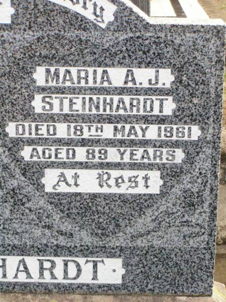 August H. STEINHARDT,  | died 17 July 1951 aged 84 years;  | Maria A.J. STEINHARDT,  | died 18 May 1961 aged 89 years;  | August W. STEINHARDT,  | died 10? August 1952 aged 63 years;  | Ropeley Immanuel Lutheran cemetery, Gatton Shire  | 