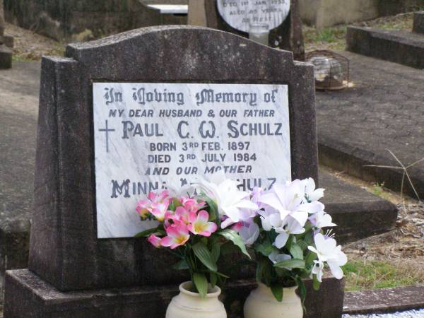 Paul C.W. SCHULZ, husband father,  | born 3 Feb 1897 died 3 July 1984;  | Minna M. SCHULZ, mother,  | born 8 July 1911 died 30 Jan 1987;  | Ropeley Immanuel Lutheran cemetery, Gatton Shire  | 