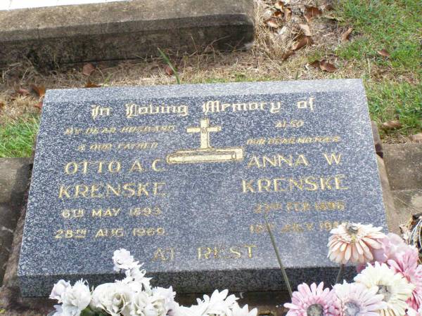 Otto A.C. KRENSKE, husband father,  | 6 May 1893 - 28 Aug 1969;  | Anna W. KRENSKE, mother,  | 23 Feb 1896 - 12 July 1985;  | Ropeley Immanuel Lutheran cemetery, Gatton Shire  |   | 