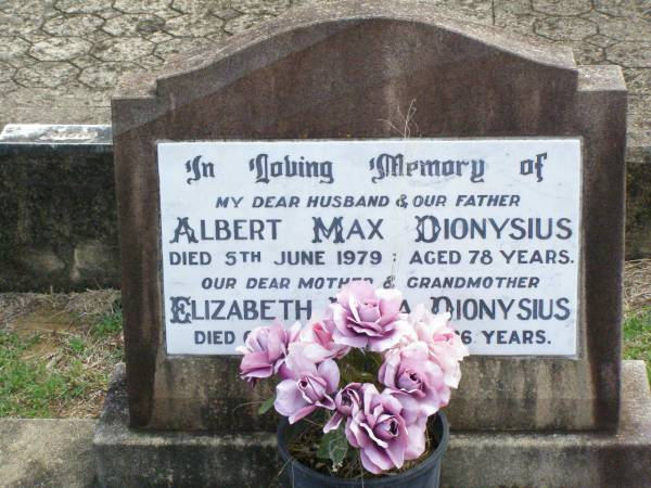 Albert Max DIONYSIUS, husband father,  | died 5 June 1979 aged 78 years;  | Elizabeth Meta DIONYSIUS, mother grandmother,  | died 6 Dec 1995 aged 86 years;  | Ropeley Immanuel Lutheran cemetery, Gatton Shire  | 