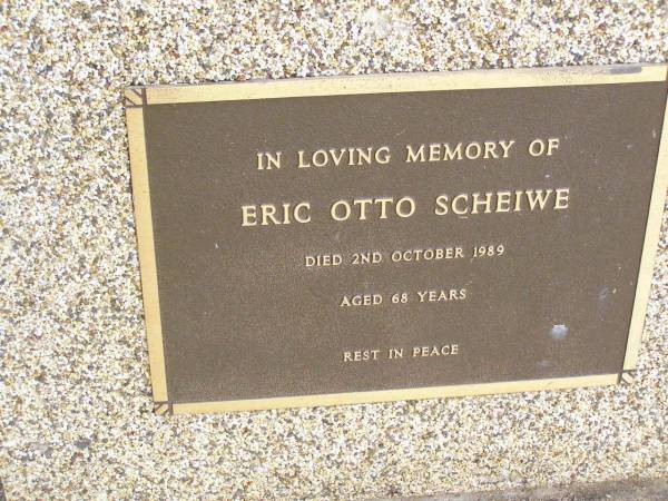 Eric Otto SCHEIWE,  | died 2 Oct 1989 aged 68 years;  | Ropeley Immanuel Lutheran cemetery, Gatton Shire  | 