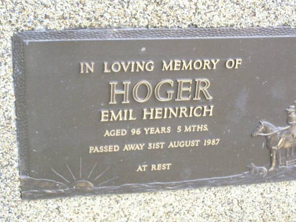 Emil Heinrich HOGER,  | died 31 Aug 1987 aged 96 years 5 months;  | Ropeley Immanuel Lutheran cemetery, Gatton Shire  | 