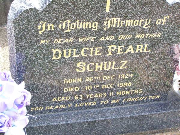 Dulcie Pearl SCHULZ, wife mother,  | born 25 Dec 1924 died 10 Dec 1988  | aged 63 years 11 months;  | Ropeley Immanuel Lutheran cemetery, Gatton Shire  | 