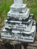 Malachi MURPHY,
1856 - 1930;
Mary, wife
1861 - 1933;
Julia, daughter
1877 - 1924;
Mary ENRIGHT (nee MURPHY),
1880 - 1920;
Mary, Marys daughter,
1914-1931;
wife & daugter of Thos. ENRIGHT;
Rosevale St Patricks Catholic cemetery, Boonah Shire