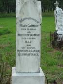 Mary CARMODY,
died 23-5-1889;
Matthew CARMODY,
died 5-10-1913;
daughters Margaret, Eleanor & Louisa Fraser;
Rosevale St Patricks Catholic cemetery, Boonah Shire