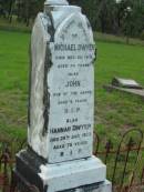 Michael DWYER,
died 22 Dec 1915 aged 74 years;
John, son, aged 6 years;
Hannah DWYER,
died 29 July 1923 aged 76 years;
Rosevale St Patricks Catholic cemetery, Boonah Shire