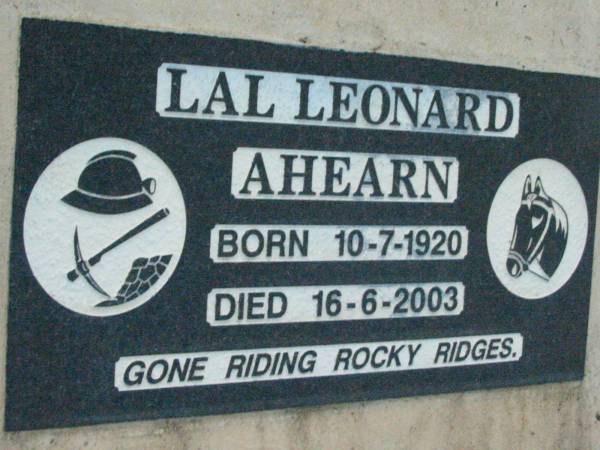 Lal Leonard AHEARN,  | born 10-7-1920 died 16-6-2003;  | Rosevale St Patrick's Catholic cemetery, Boonah Shire  | 