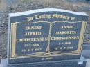 
Ernest Alfred CHRISTENSEN,
21-7-1909 - 9-5-1987;
Annie Margreta CHRISTENSEN,
1-4-1906 - 17-7-1994;
Rosevale Church of Christ cemetery, Boonah Shire
