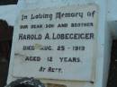 
Harold A. LOBEGEIGER, son brother,
died 25 Aug 1919 aged 12 years;
Rosevale Church of Christ cemetery, Boonah Shire
