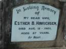 
Esther B. HINRICHSEN, wife,
died 12 Aug 1923 aged 27 years;
Rosevale Church of Christ cemetery, Boonah Shire
