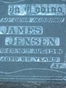 James JENSEN, husband,
died 19 Aug 1961 aged 69 years;
Violet May JENSEN,
died 29 July 1980 aged 77 years;
Rosevale Church of Christ cemetery, Boonah Shire