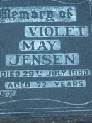 
James JENSEN, husband,
died 19 Aug 1961 aged 69 years;
Violet May JENSEN,
died 29 July 1980 aged 77 years;
Rosevale Church of Christ cemetery, Boonah Shire
