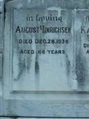 August HINRICHSEN, died 28 Dec 1936 aged 66 years; Karen Maria HINRICHSEN, died 20 May 1942 aged 67 years; Rosevale Church of Christ cemetery, Boonah Shire 