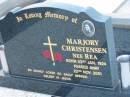 
Marjory CHRISTENSEN (nee REA),
born 23 Jan 1924 died 22 Nov 2001;
Rosevale Church of Christ cemetery, Boonah Shire
