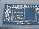 
Andrew JENSEN, husband,
19-1-1902 - 9-9-1989;
Rosevale Church of Christ cemetery, Boonah Shire
